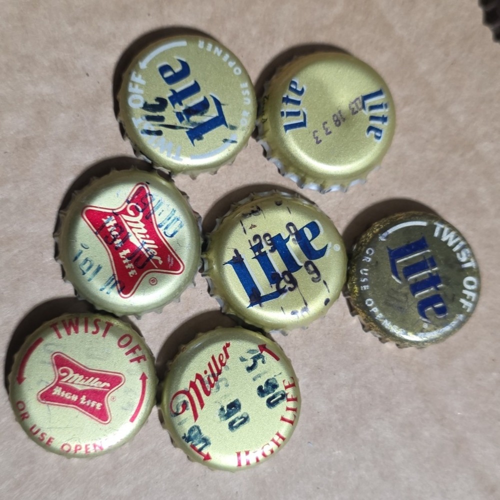 Vintage Miller Lite and High Life Beer Bottle Caps Lot of 7 Gold Metal Crown